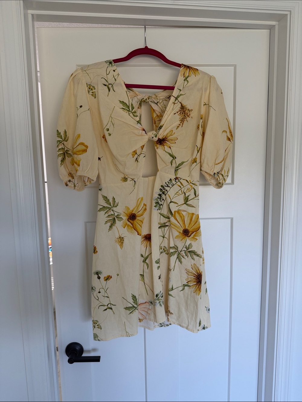 H&M Cream Mini Dress with Yellow Floral Print and Puff Sleeves